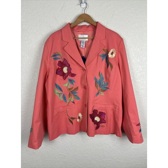 NEW Susan Graver Women Blazer Jacket Sz XL Orange Coral Embroidered Floral Artsy - Picture 1 of 8
